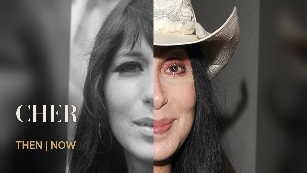 Cher, split down the middle: in black and white in 1966 and in colour in 2009 under a cowboy hat, with the words CHER, THEN | NOW.